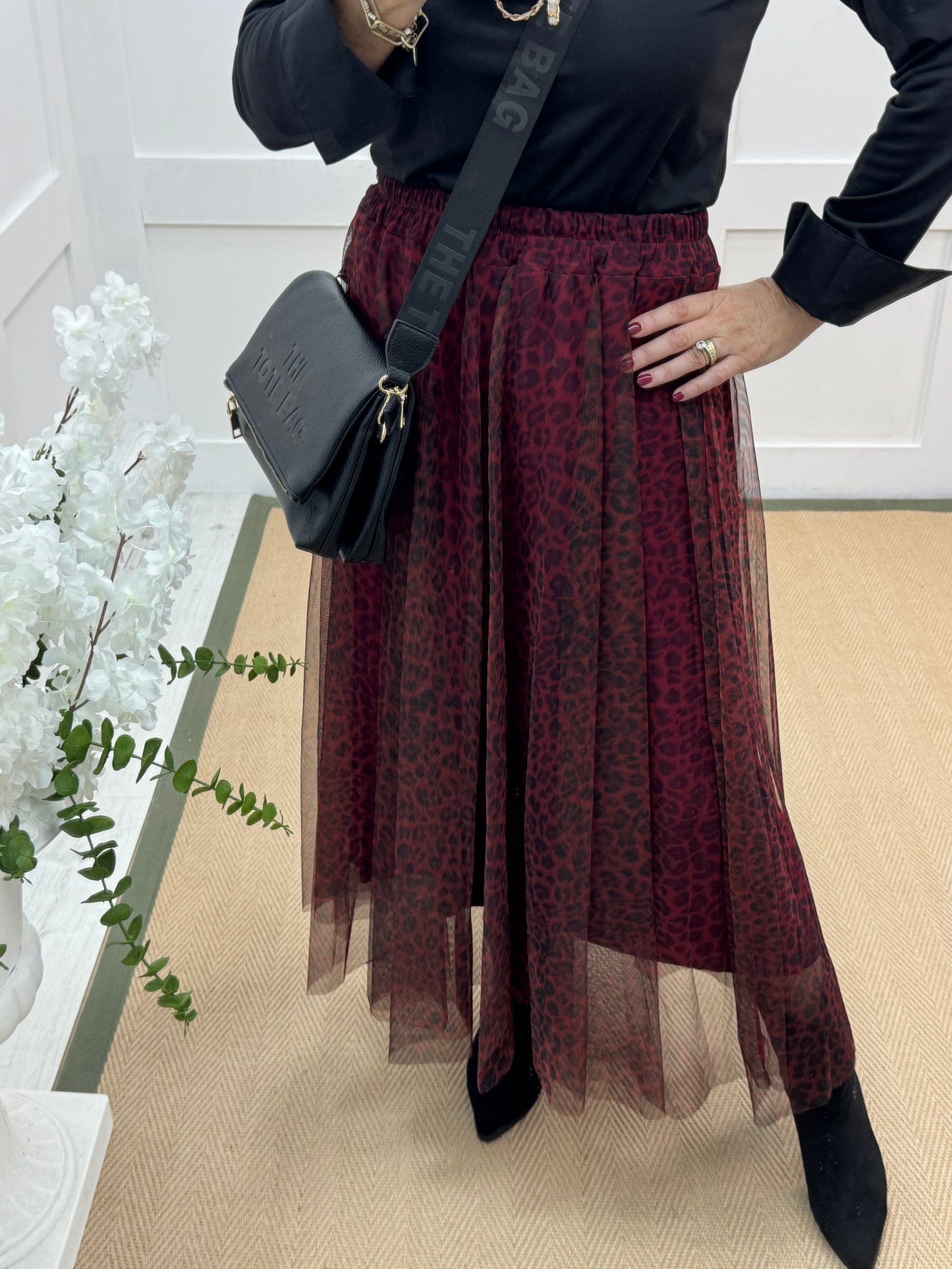 Maeve: Burgundy leopard print tulle net midi skirt. One size 12-20