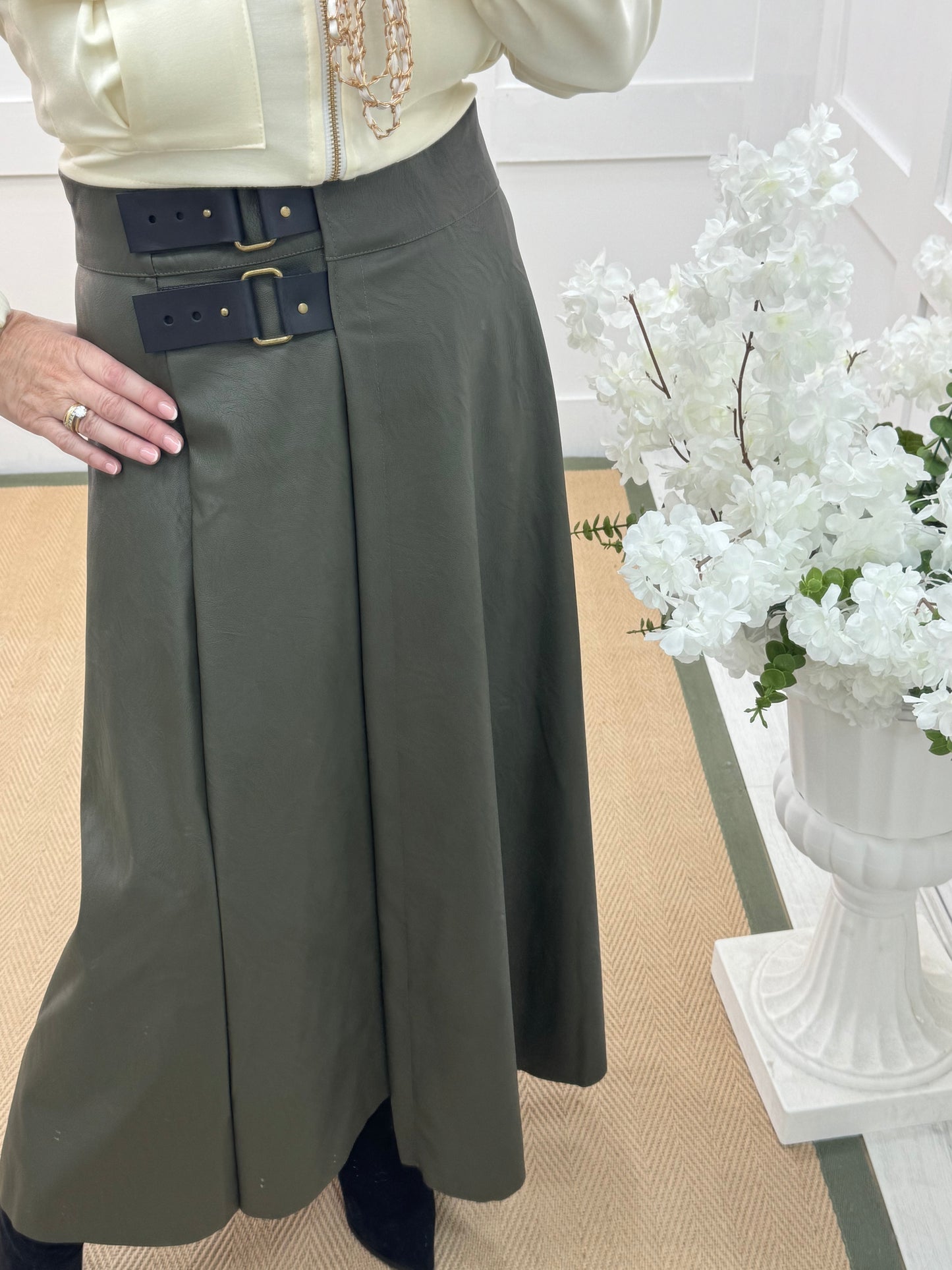 Raine: Khaki faux leather belted asymmetric skirt. One size: 12-16