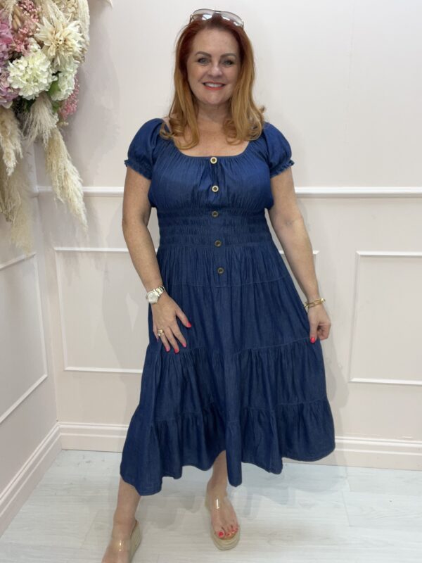 Remi: Cotton denim bardot midi dress. One Size 10-22