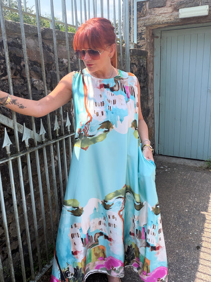 Amida : Amalfi scene sleeveless dress with pockets. One size 14-20. 2 colours