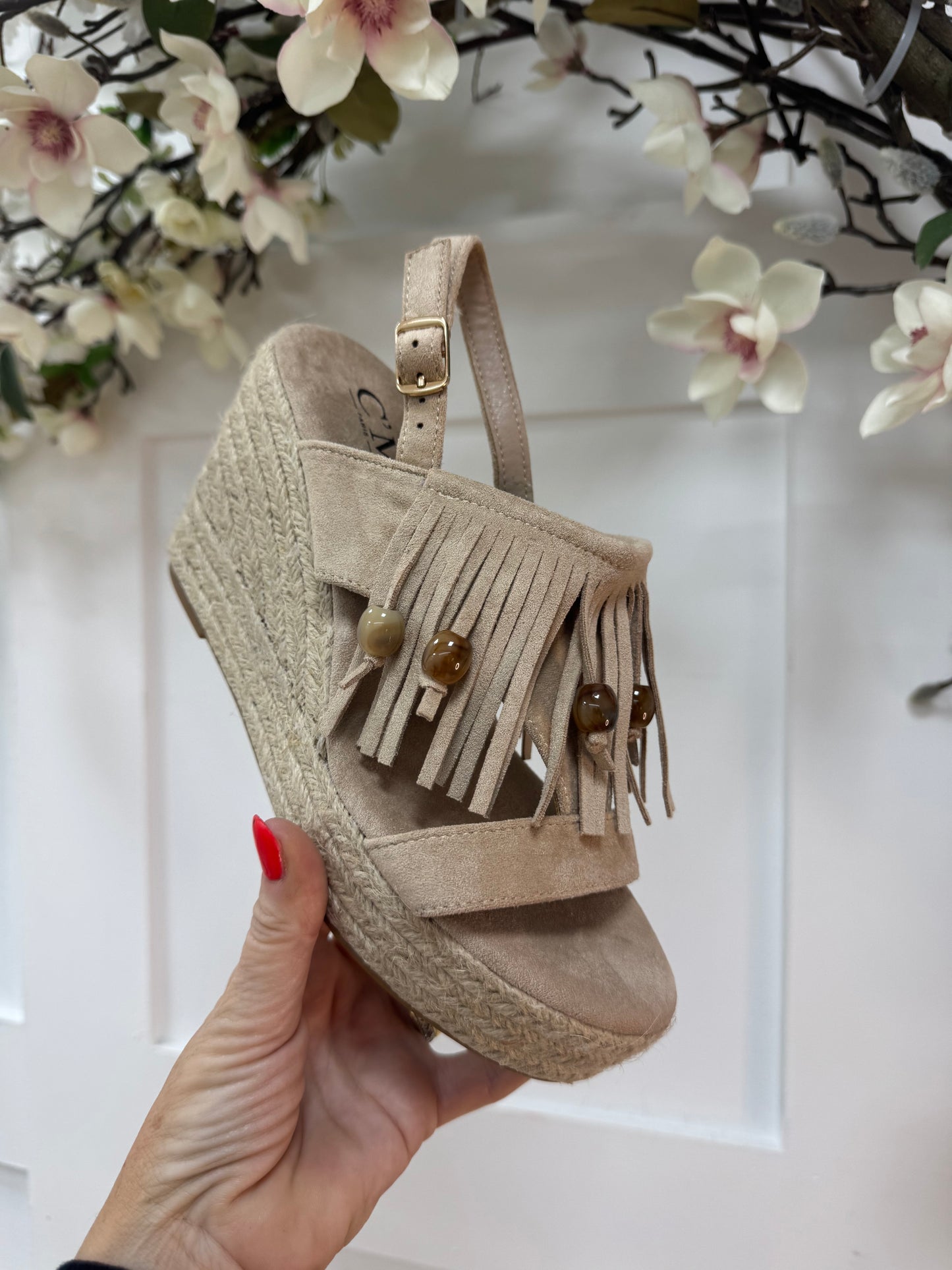 Winnie: Beige tassel wedge shoes. Sizes: 3-8