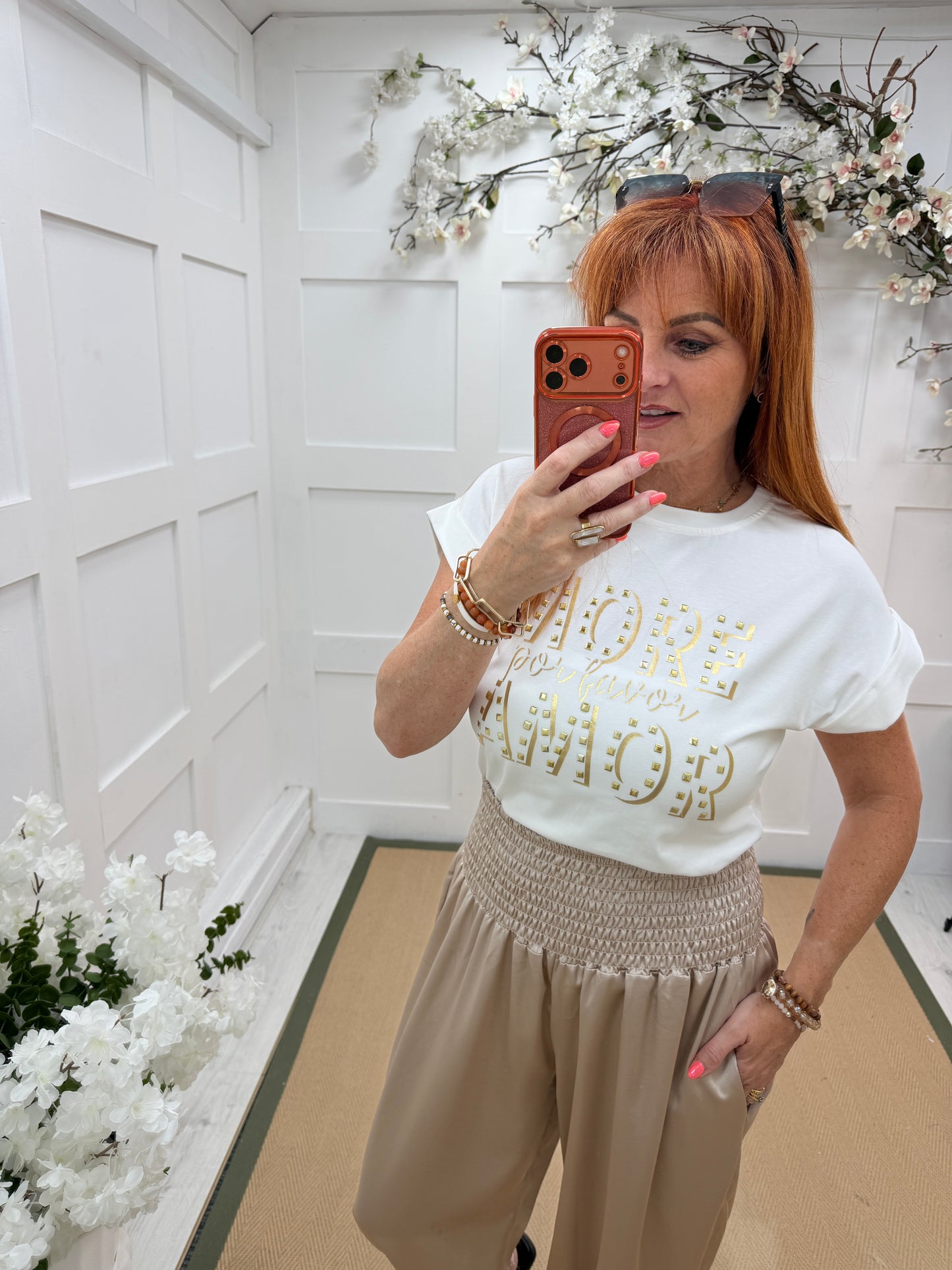 Aria: White & gold stud “MORE AMOR” T shirt. One size: 10-16