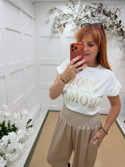 Aria: White & gold stud “MORE AMOR” T shirt. One size: 10-16
