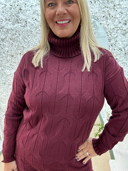 Destiny: Burgundy high neck knitted jumper dress. One Sz: 12-18