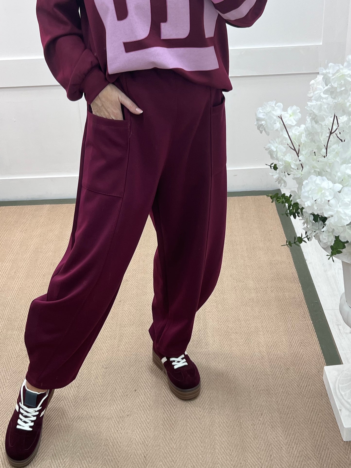 River: Burgundy cocoon harem trousers. One Sz: 14-20
