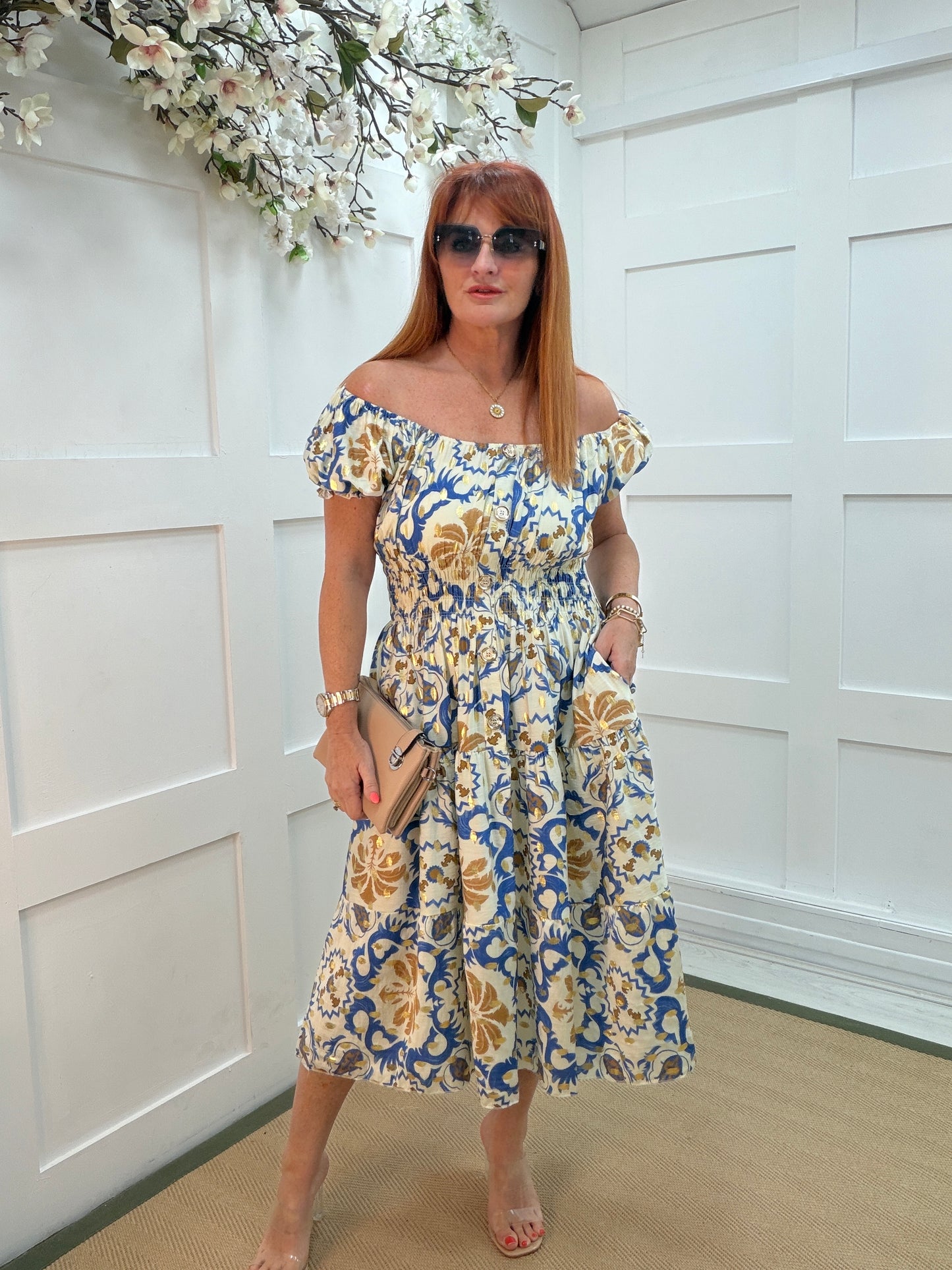 Bobbie: Gold buttoned front bardot printed stretchy midi dress. One size: 10-18. 2 colours