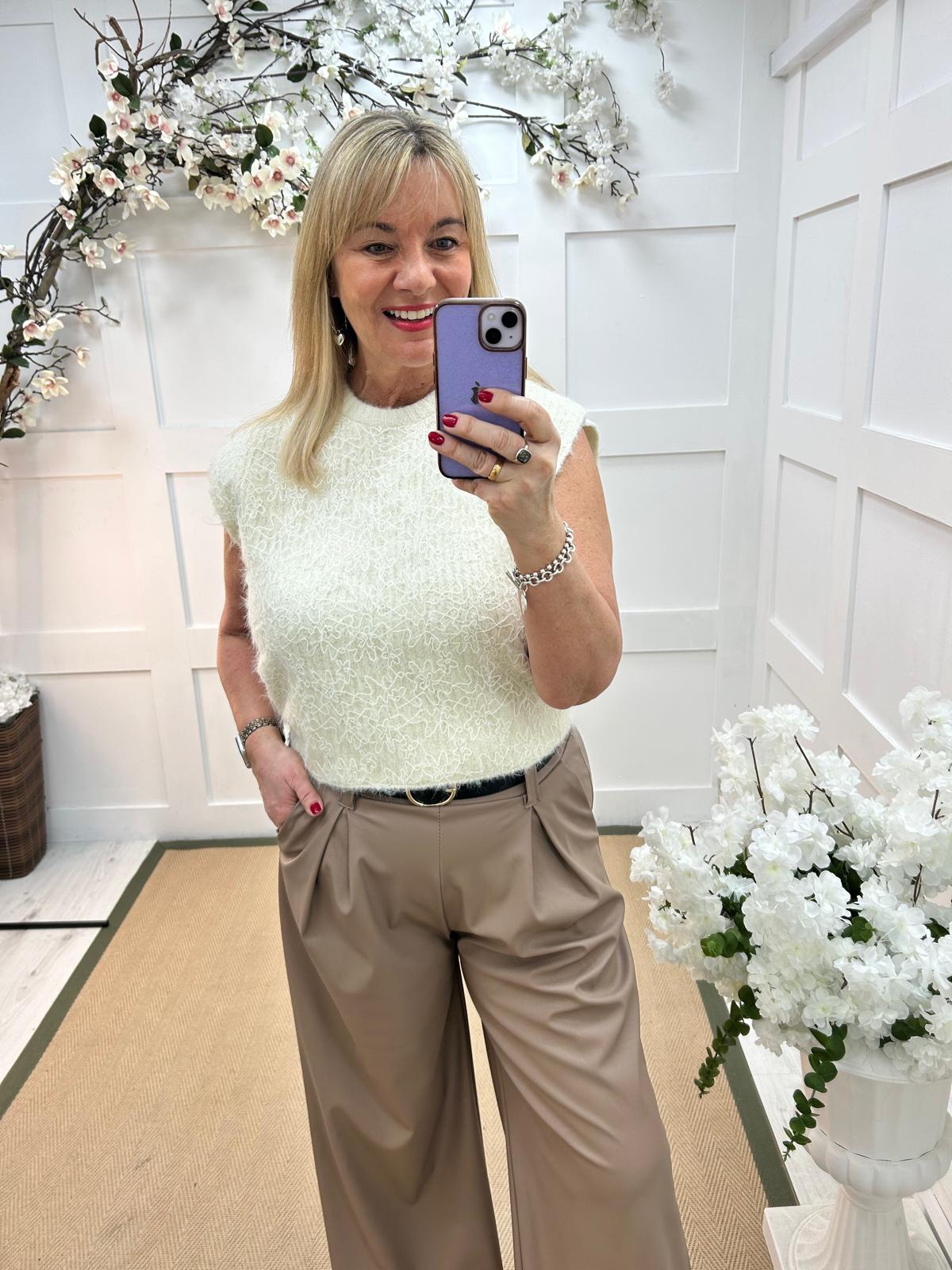 Macey: Cream sleeveless tank top with lace detail. One Sz: 12-16