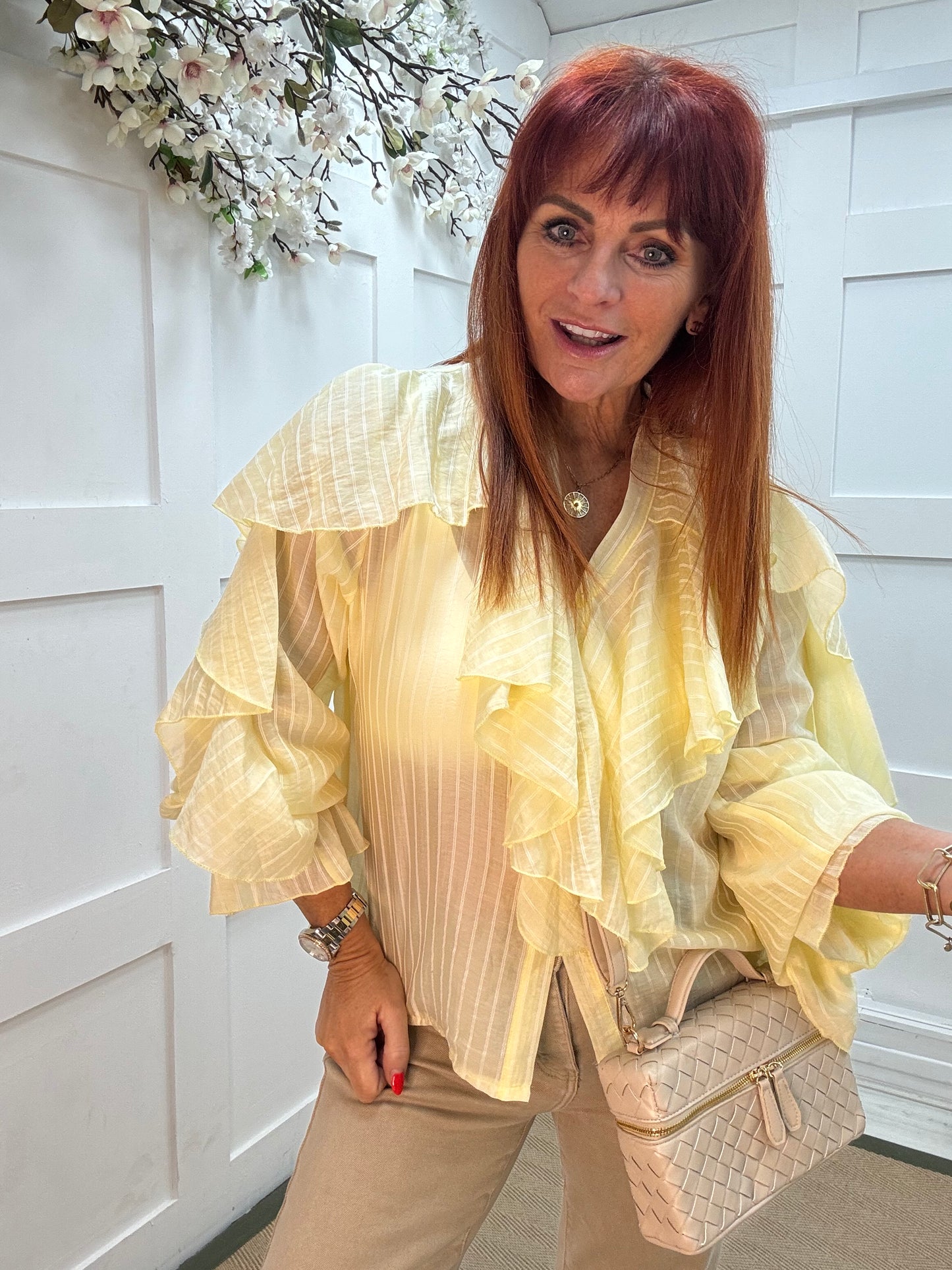 Raye: Lemon striped ruffle blouse. One size 10-14