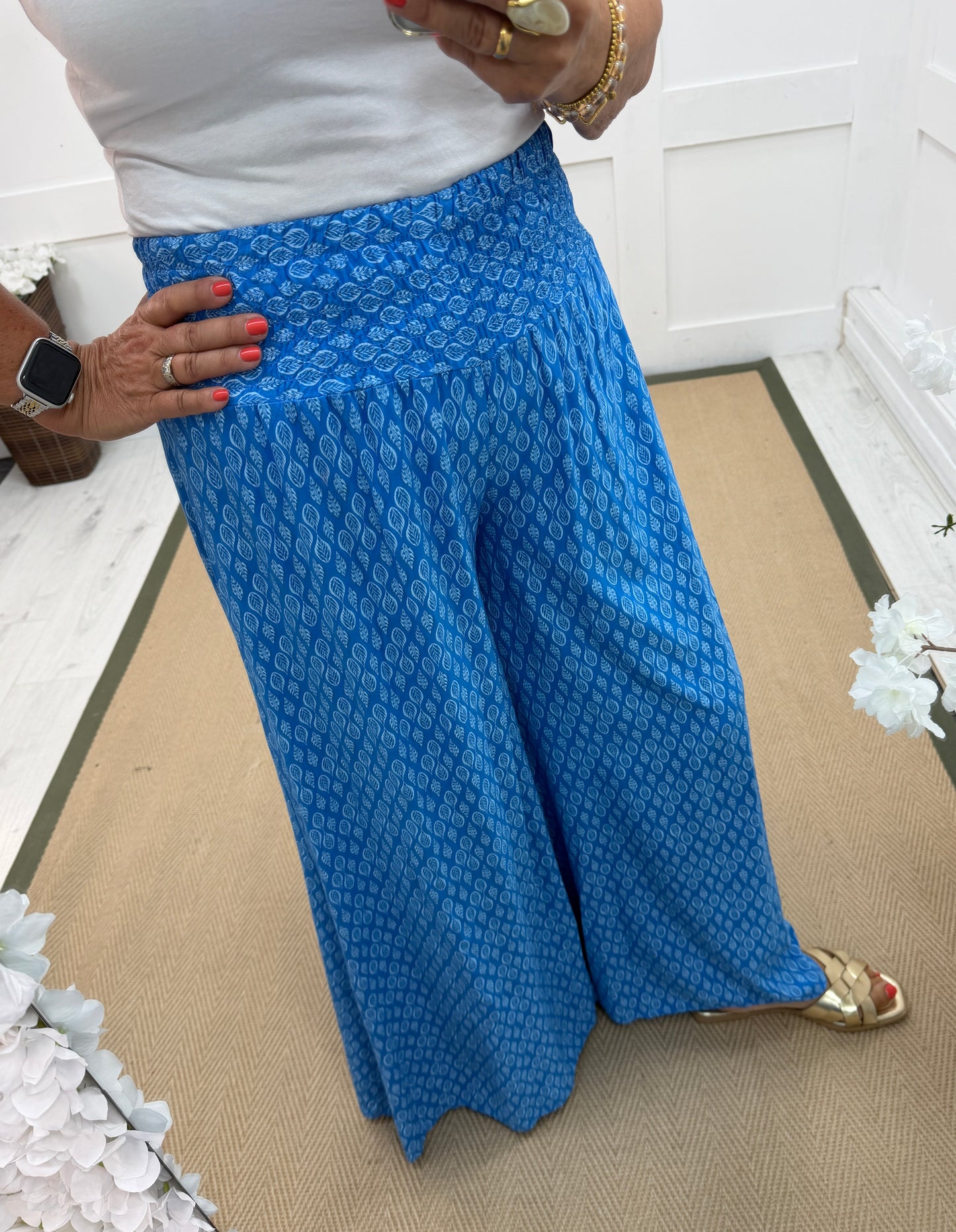 Tamara: Wide leg patterned trousers. One size: 10-16. 3 colours