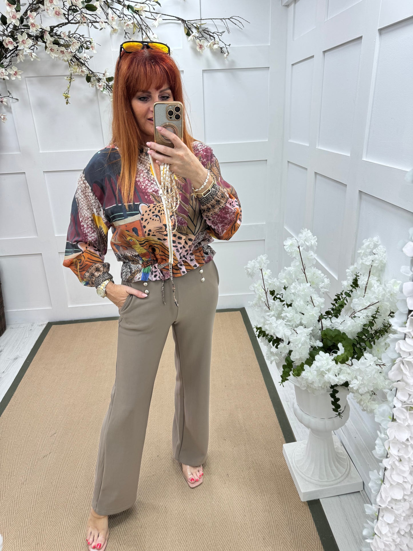 Paris: Taupe stretchy silver button trousers. 4 sizes