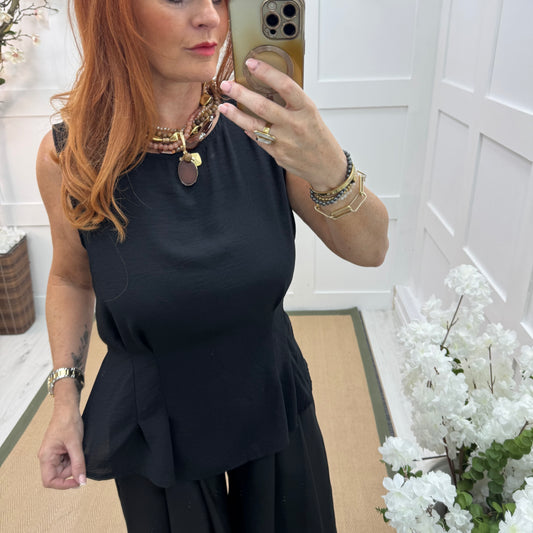 Maisie: Black tie waist peplum top. One size: 14-18