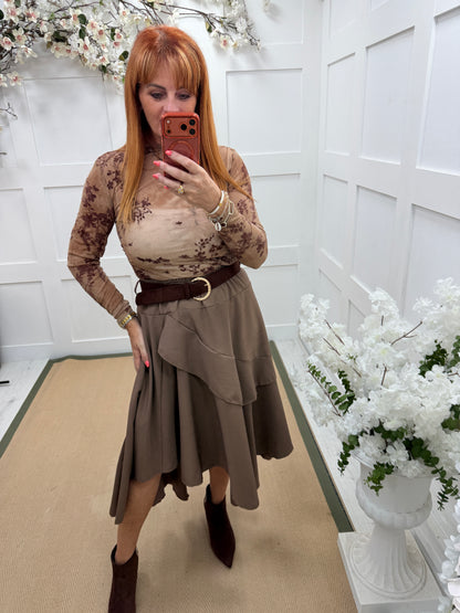 Sabrina: Asymmetrical layered belted midi skirt. One size: 10-16. 3 colours