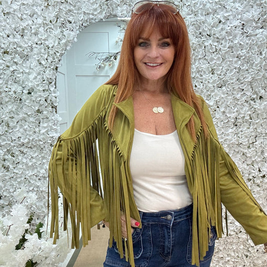 Heidi: Green short suede fringe jacket. One size: 8-14