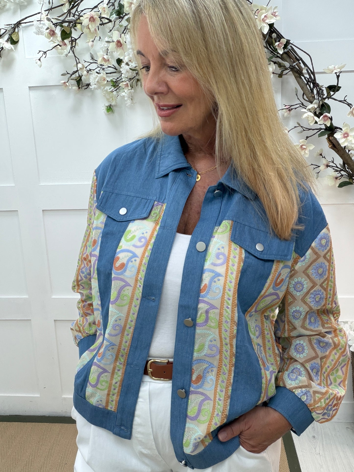 Jayla: Paisley embroidered denim shacket. One size: 14-20