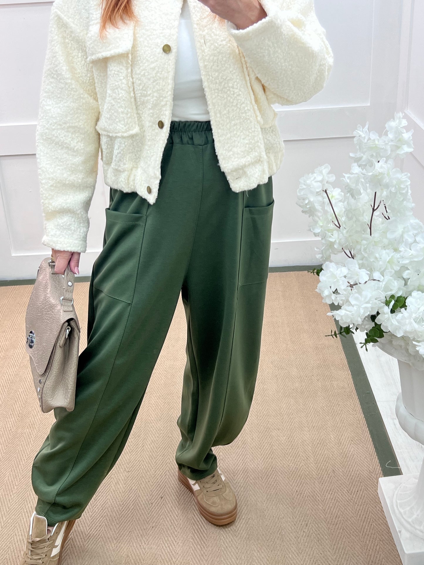 River: Khaki cocoon harem trousers. One Sz: 14-20