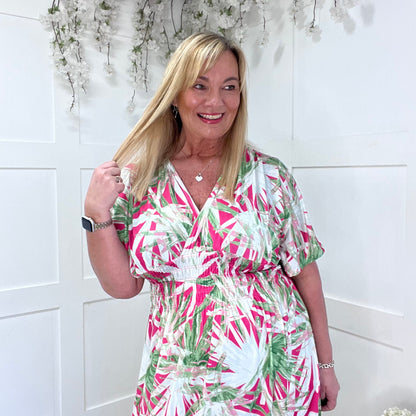 Eva: Stretchy pink & green palm maxi dress. One size 12-24