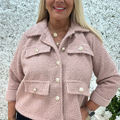 Bridget: Pink short boucle button jacket. One: 12-20
