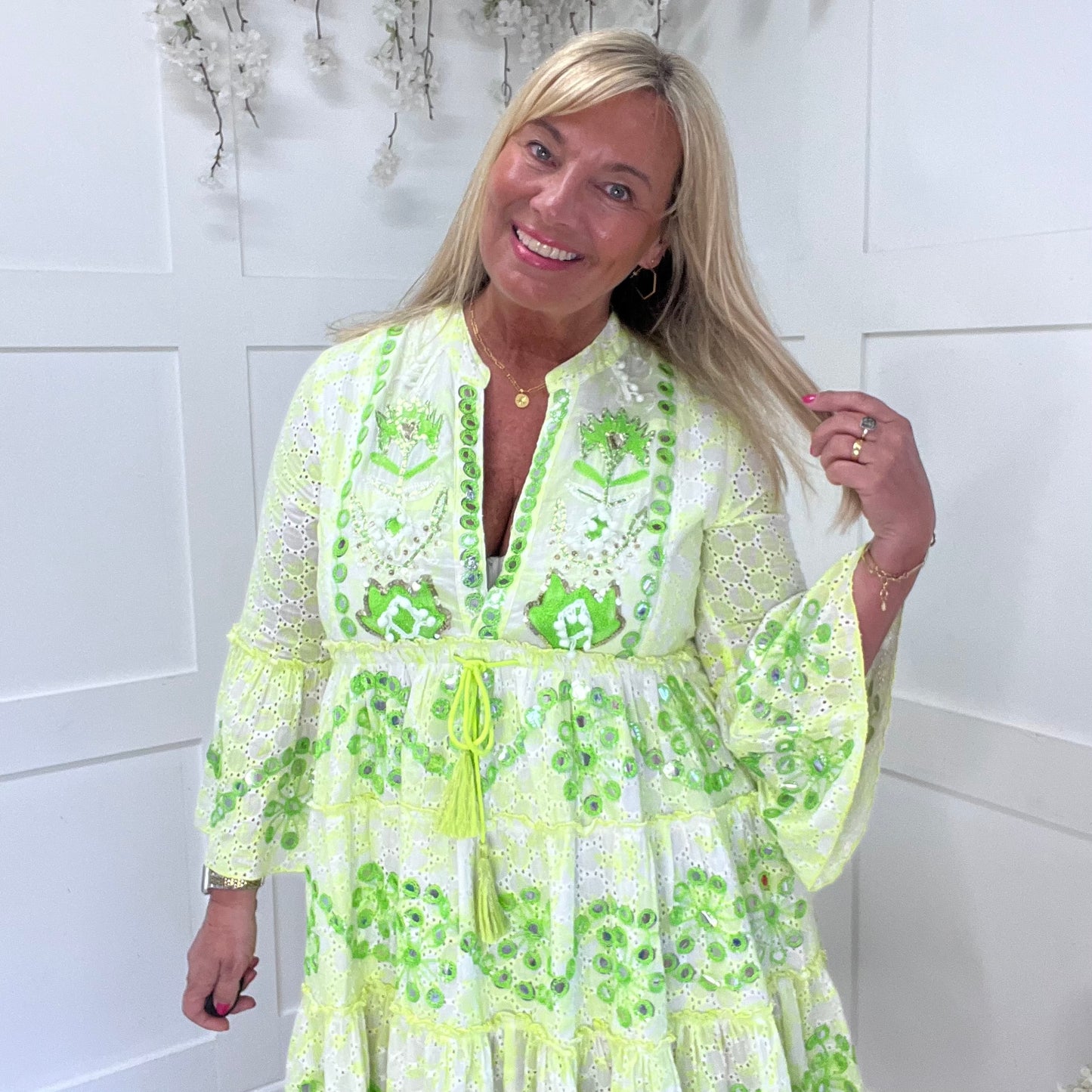 Skylar: Neon lime short embroidered sequin dress. One size: 12-18
