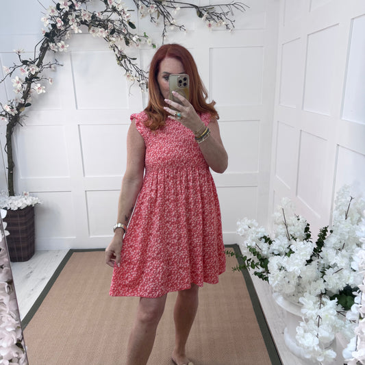 Fern: Coral ditsy floral stretchy short dress. One size 8-16