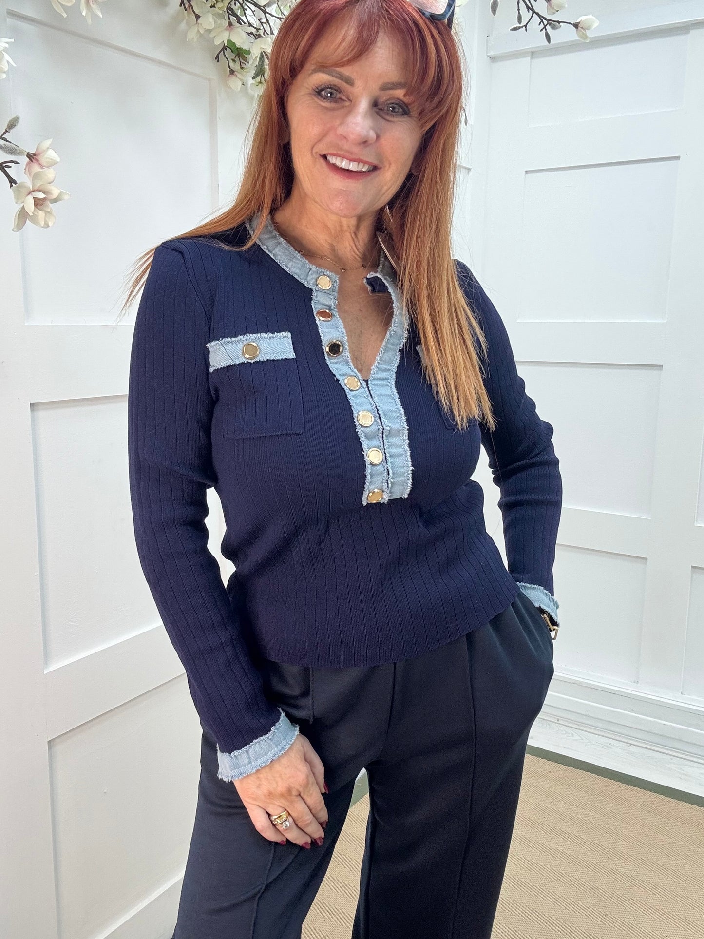 Harley: Navy blue & denim long sleeve top. One Sz: 10-16