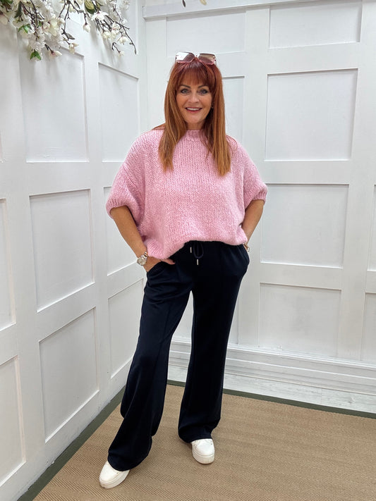 Trudy: Navy stretchy wide leg pocket trousers. 2 sizes