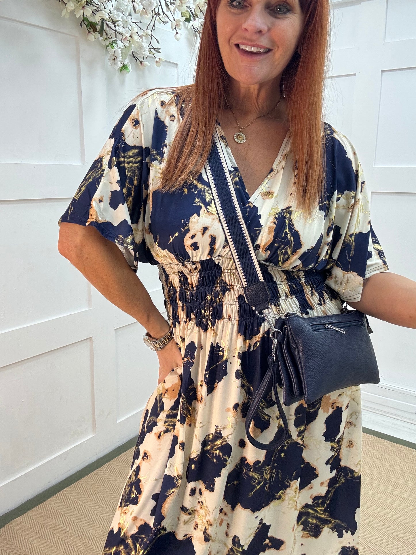 Dixi: Navy & cream stretchy midi wrap dress. One size 12-22