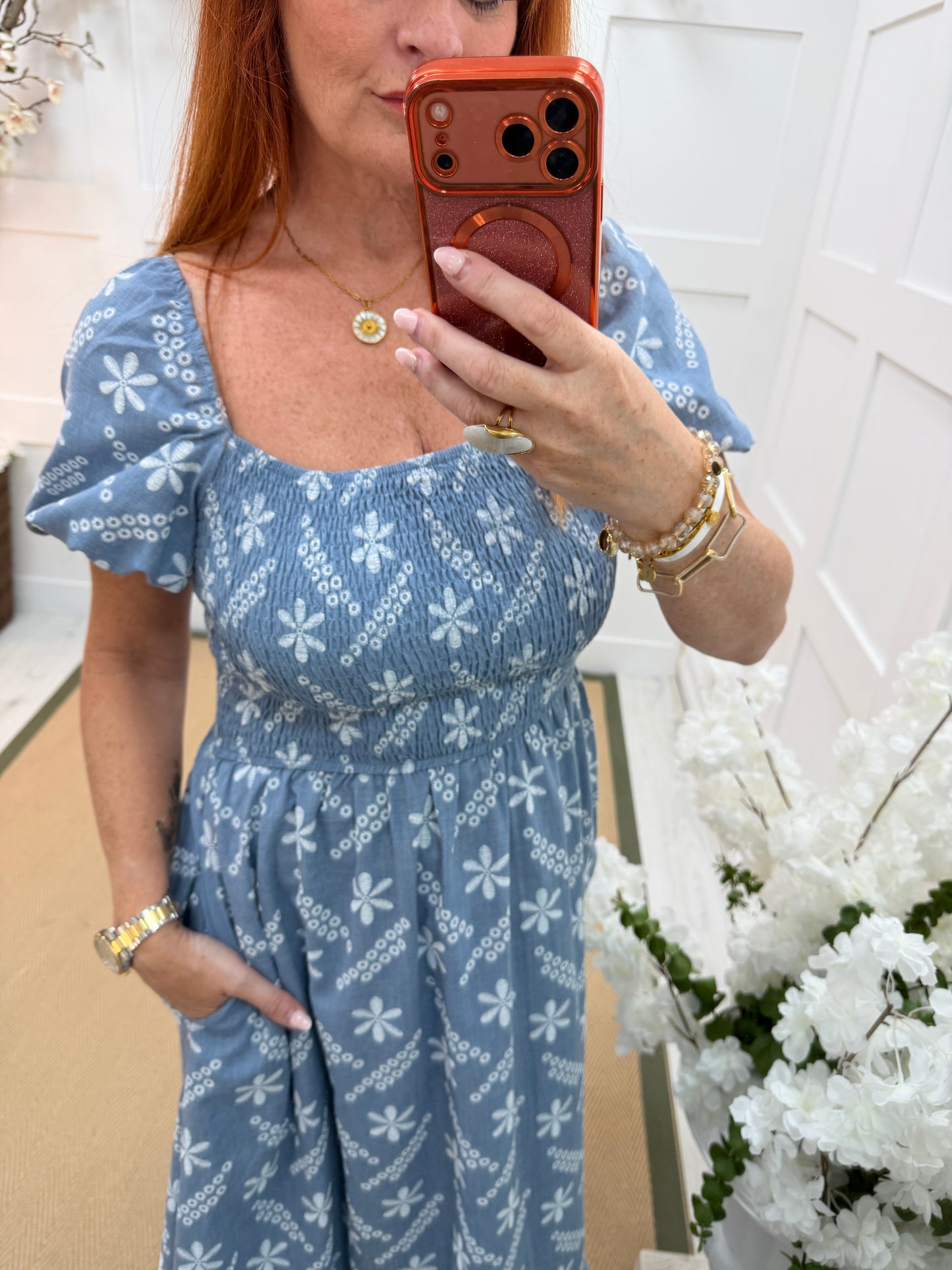 Bonnie: Denim blue & white embroidered maxi dress. 2 sizes
