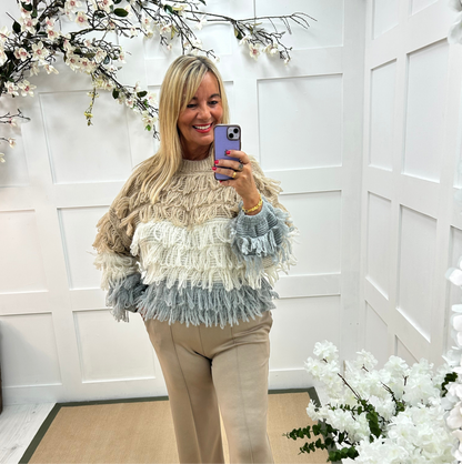Indi: Grey & cream shaggy knit top. One size: 12-18