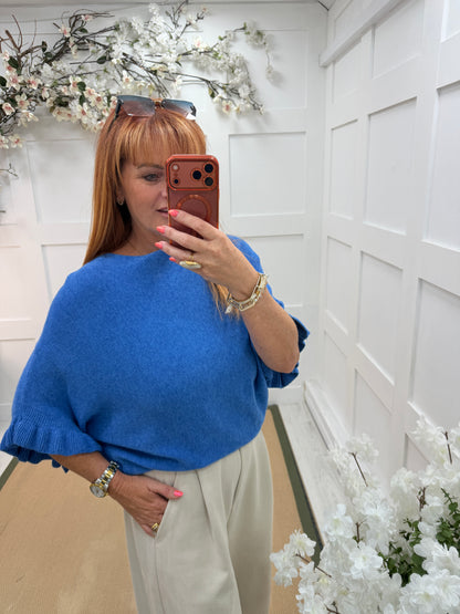 Sierra: Batwing fluted sleeve knitted top. One Size 12-18. Various colours