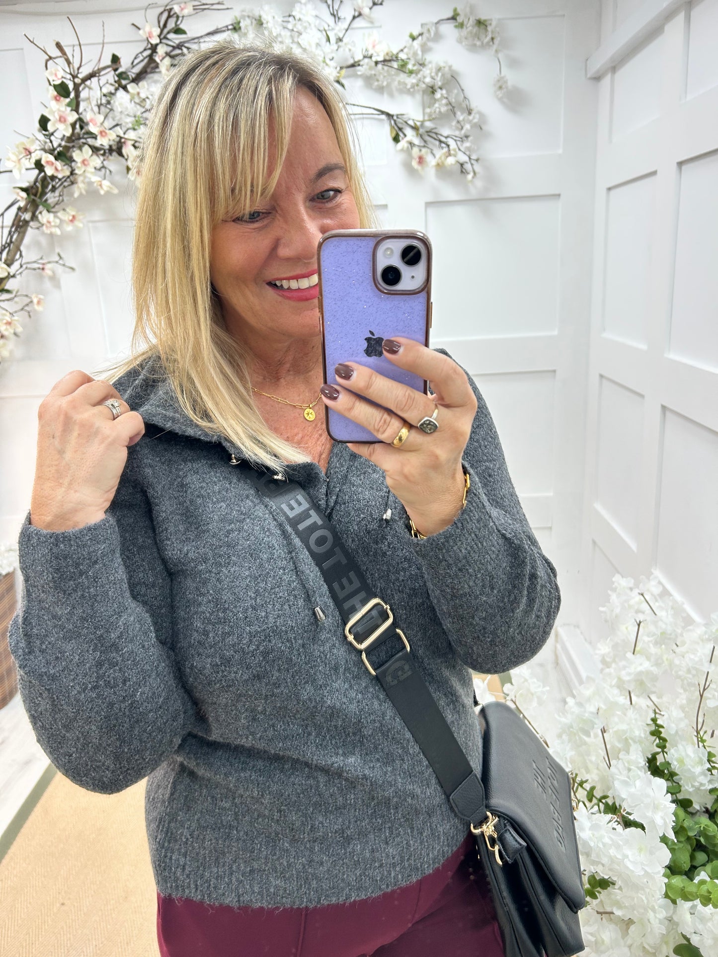 Teddi: Dark grey soft knit hooded top. 2 sizes