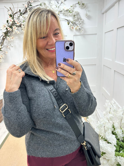 Teddi: Dark grey soft knit hooded top. 2 sizes