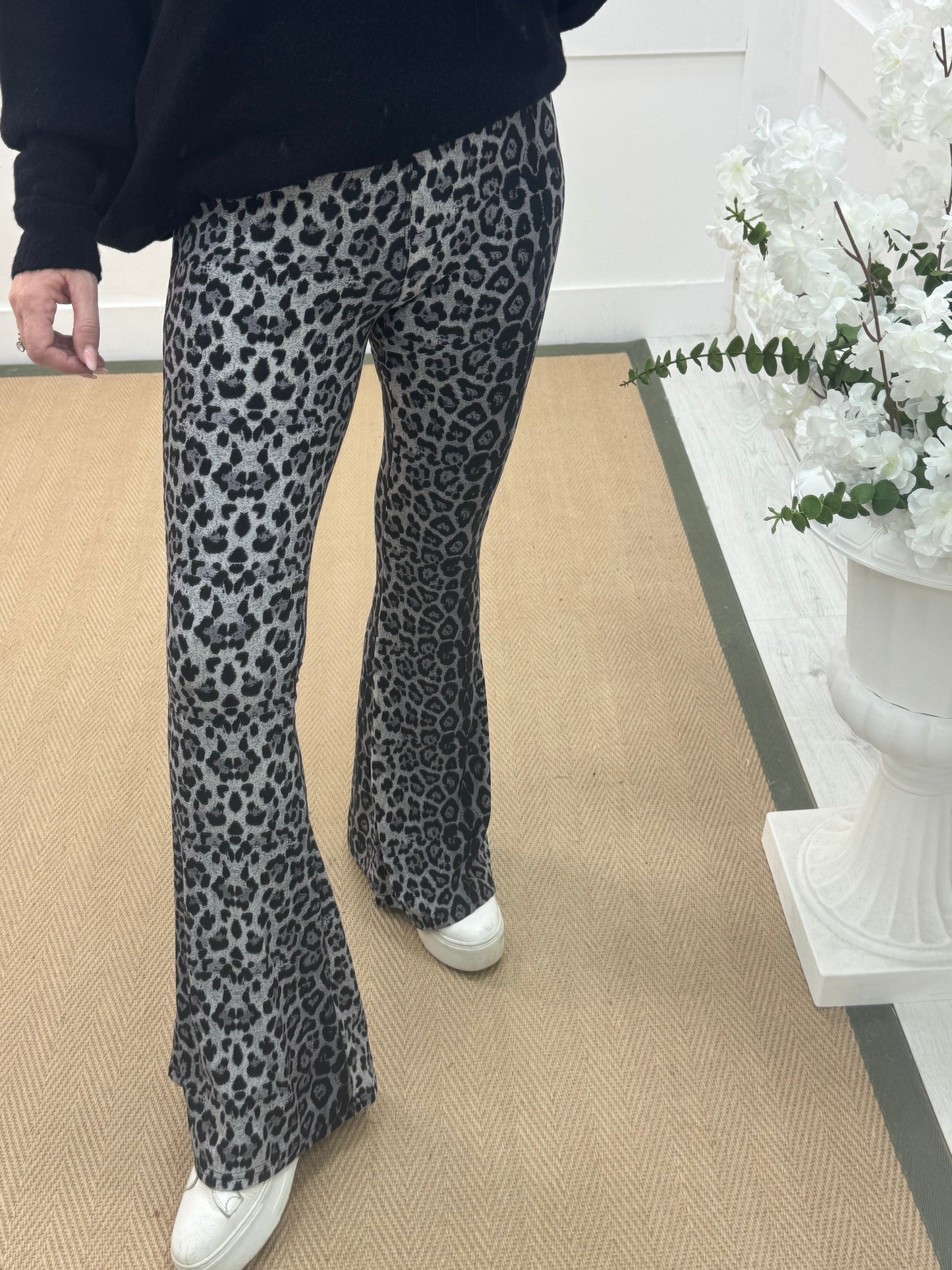 Bekah: Grey leopard print bell bottom flares. 3 sizes