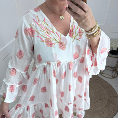 Lilia: White shell & embroidery tunic dress. One size: 12-16