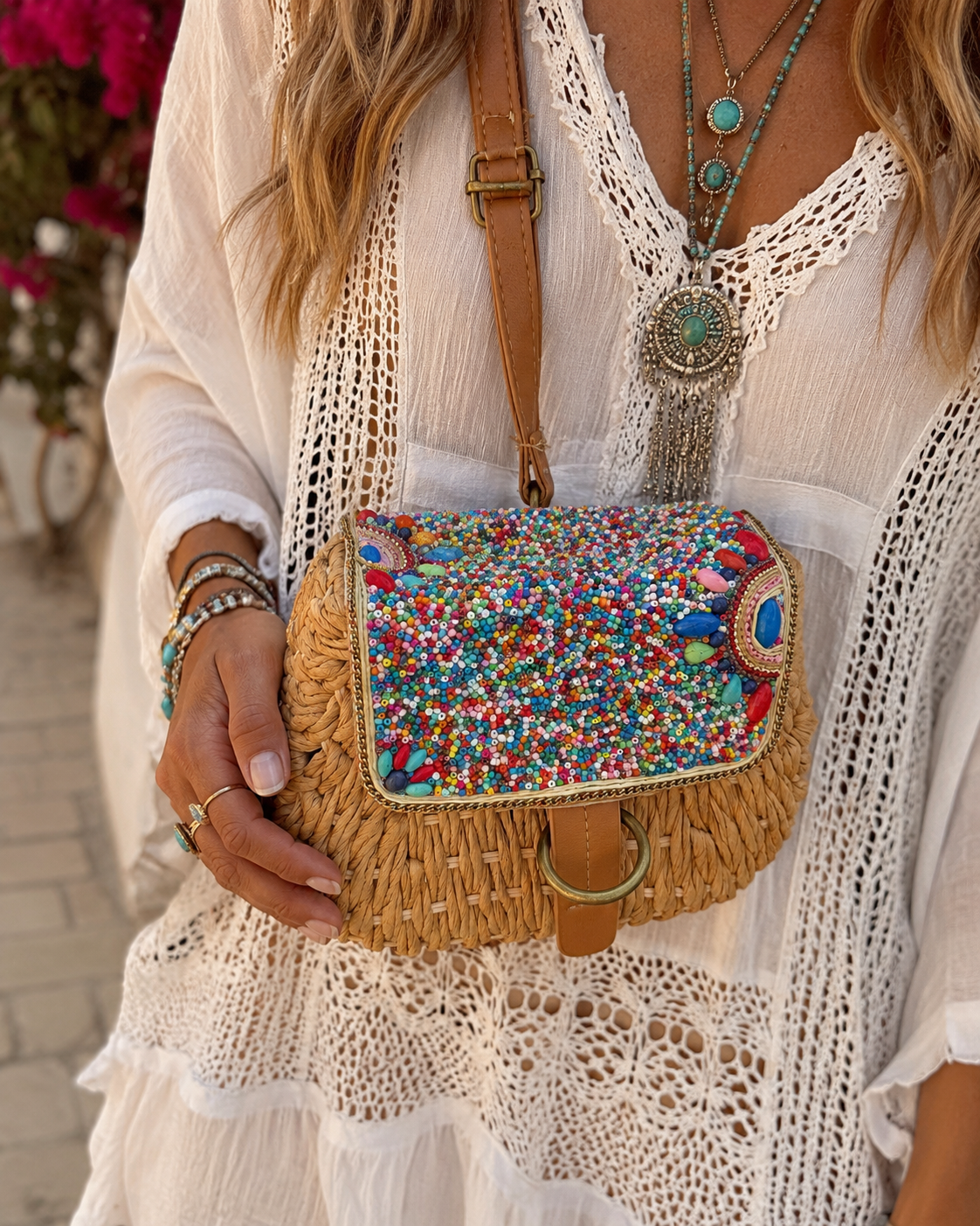 Bali: Multicoloured beaded basket bag. 2 colours