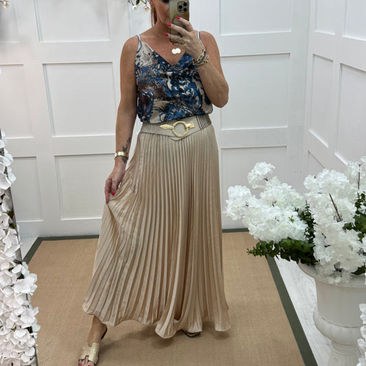 Hallie: Cream pleated maxi skirt. One size: 10-16