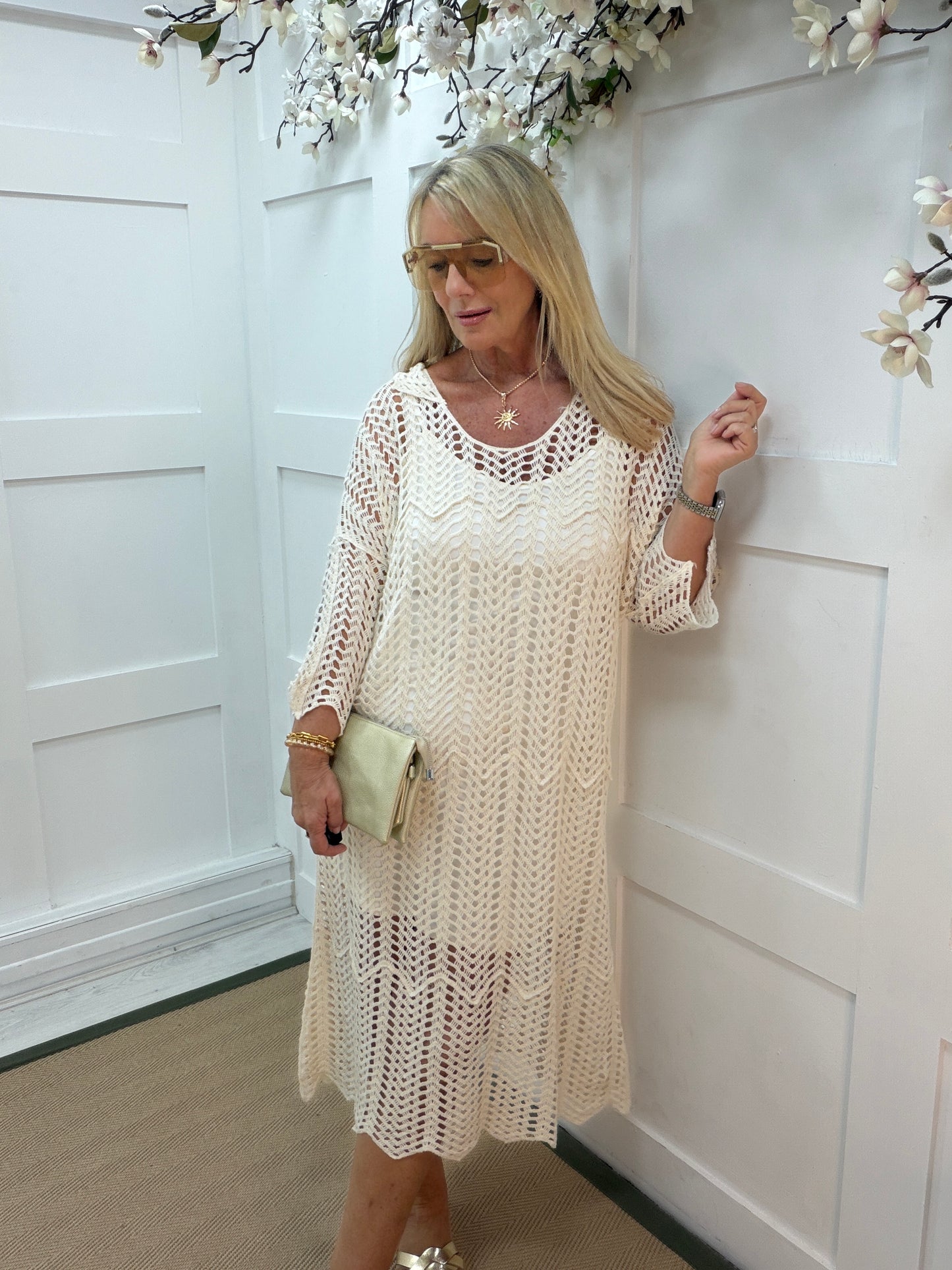 Clemmie: Cream crochet midi dress. One size: 14-20