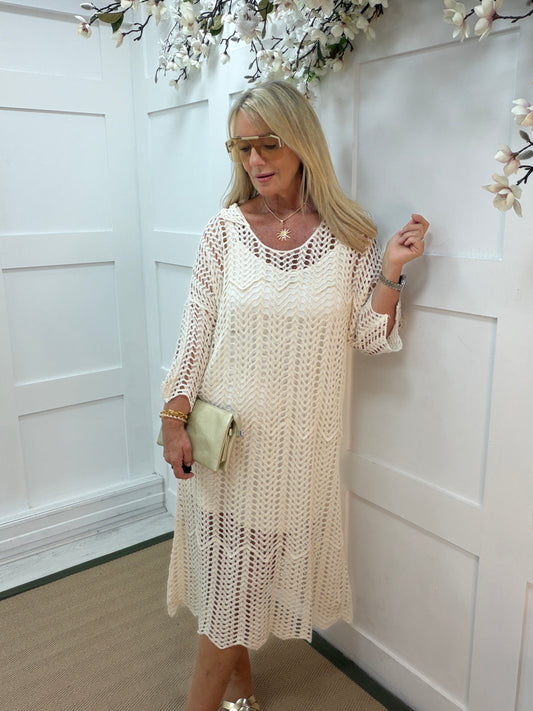 Clemmie: Cream crochet midi dress. One size: 14-20