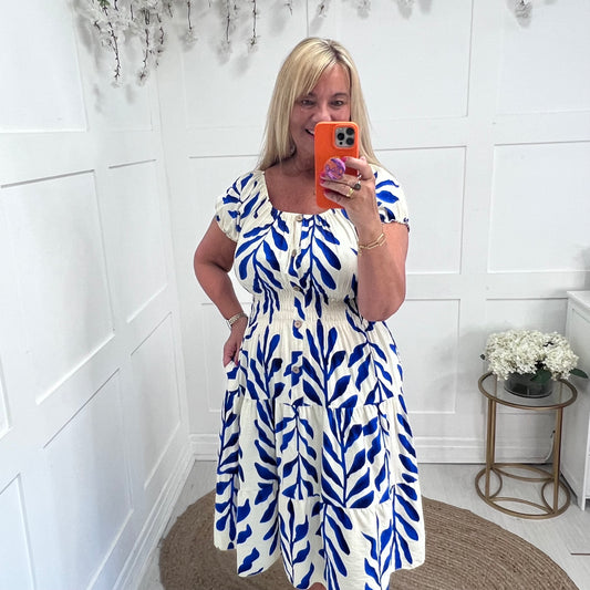 Scout: Blue & cream stretchy bardot midi dress. One size: 10-20
