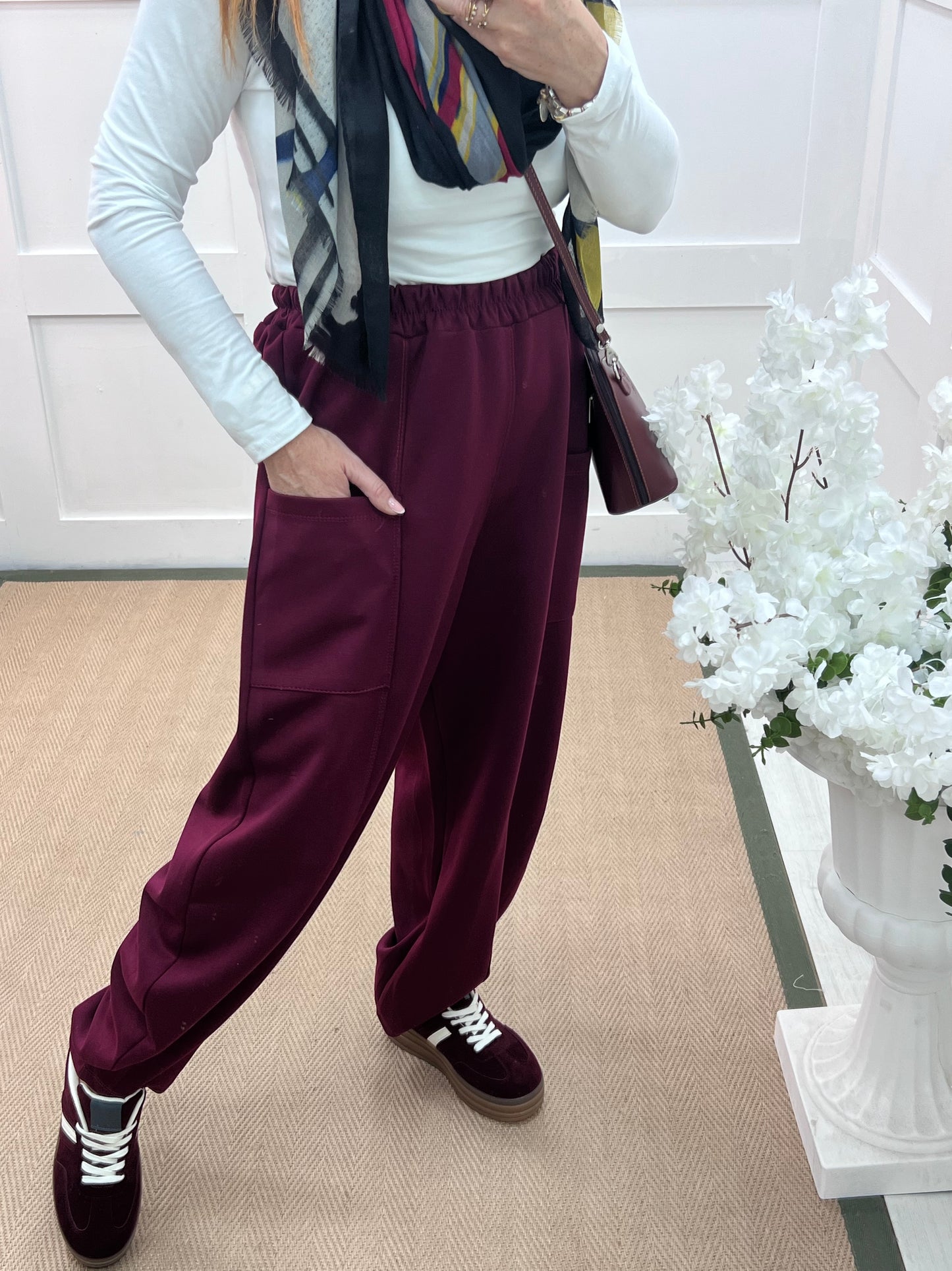River: Burgundy cocoon harem trousers. One Sz: 14-20