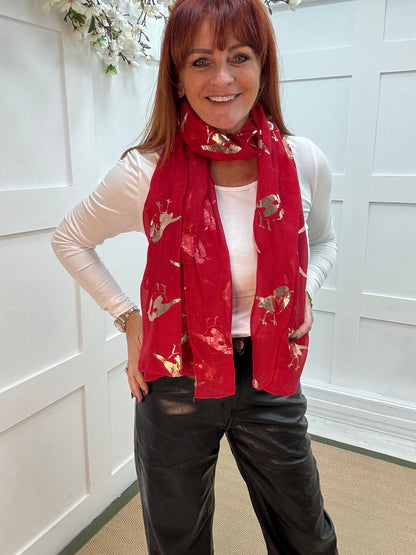 Ria: Red & gold metallic robin bird scarf