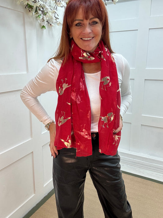 Ria: Red & gold metallic robin bird scarf