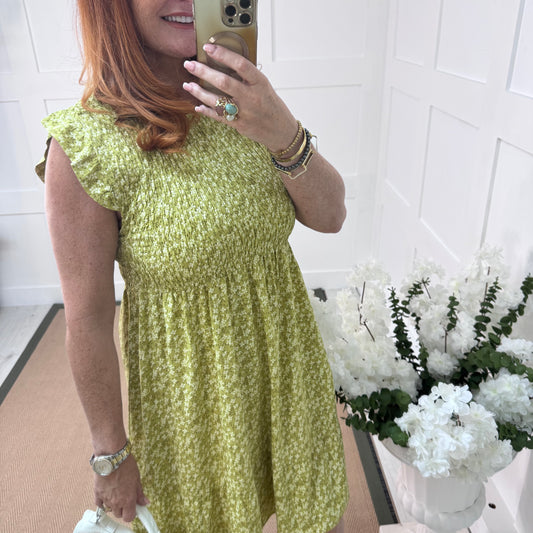Fern: Lime ditsy floral stretchy short dress. One size 8-16