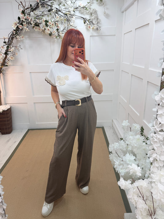 Chloe: Brown wide leg belted trousers. 3 sizes.
