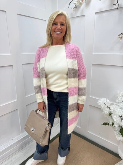 Marta: Pink, mocha and cream stripe soft knit cardigan. One size 10-18