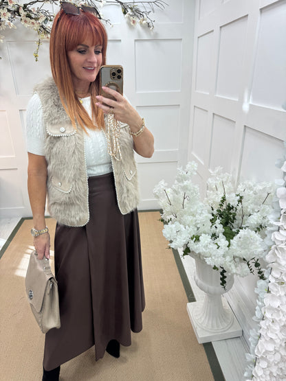 Raine: Brown faux leather belted asymmetric skirt. One size: 12-16