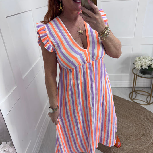 Roman: Lilac & orange stripe midi dress. One size: 12-18