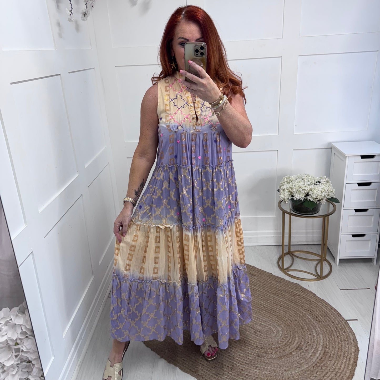 Florence: Peach & lilac embroidered maxi dress. One size: 12-16