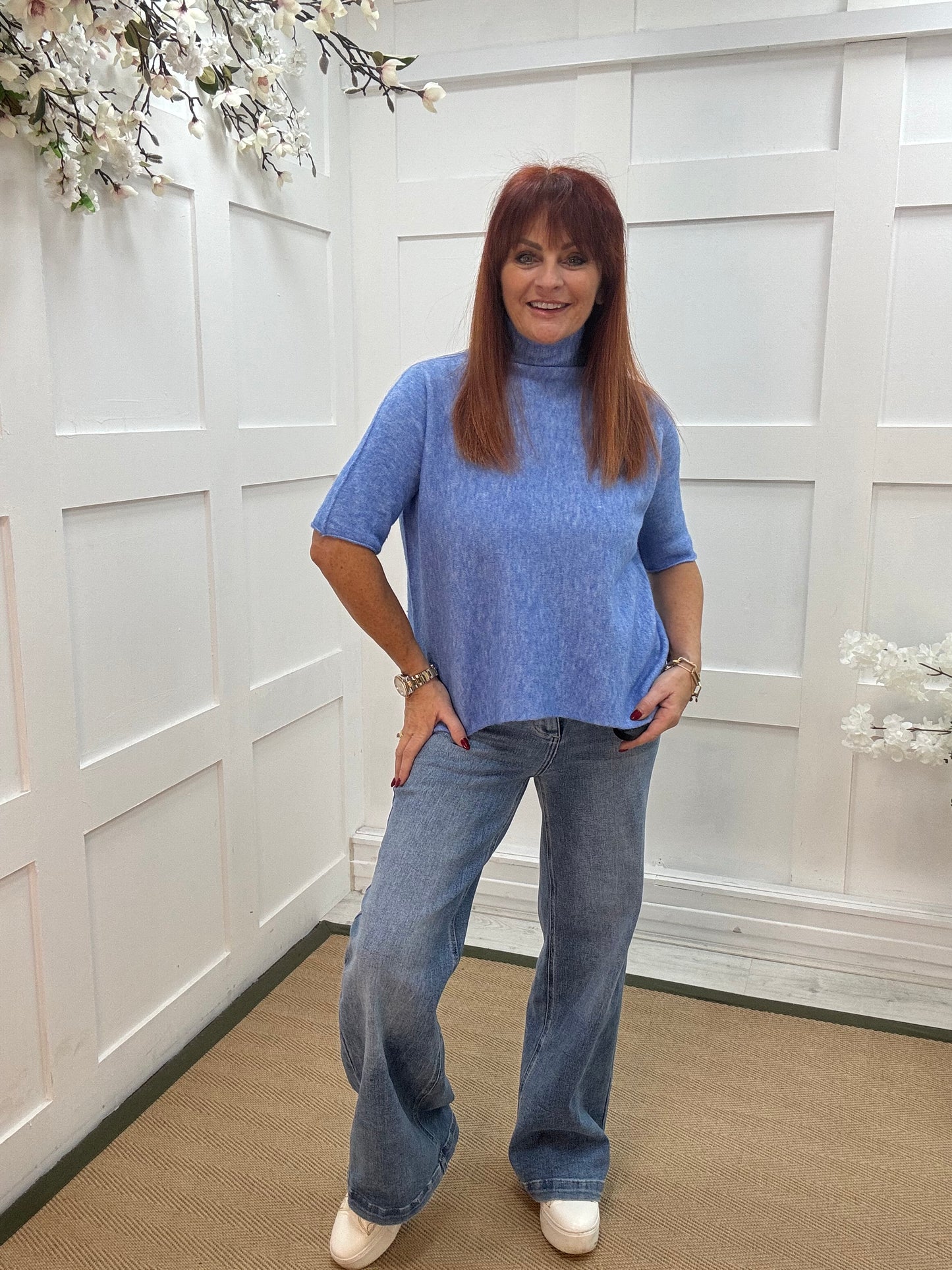 Goldie: Blue short sleeve knitted top. One size: 10-16