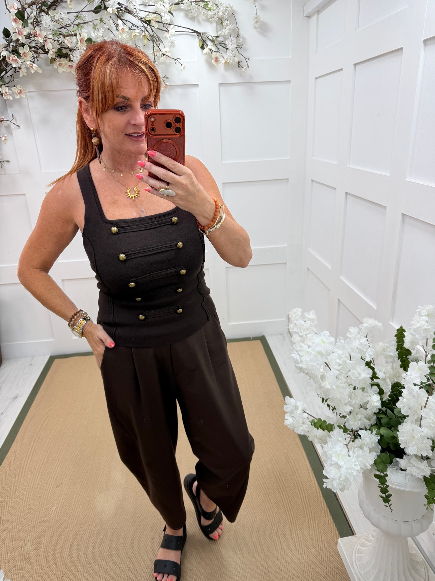 Remi: Brown military knit vest top. One size: 8-14