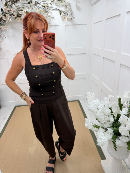 Remi: Brown military knit vest top. One size: 8-14